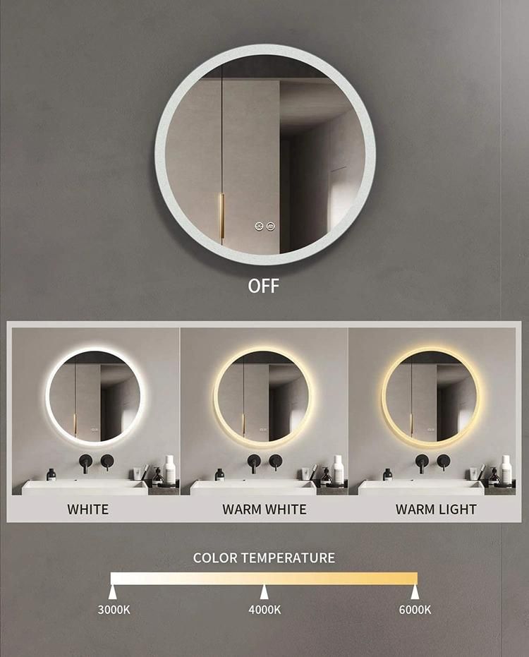 Factory Customized Frameless Round LED Lighted Smart Touch Mirror for Bathroom