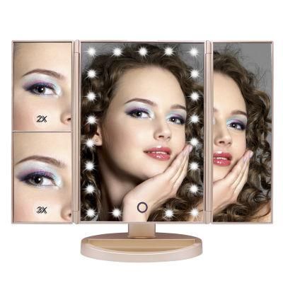 Top-Rank Selling Trifold LED Makeup Dimmable Brightness Rectangle Framed Mirror 2X 3X Magnifying Mirror