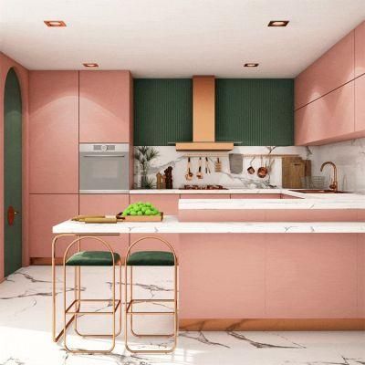 Modern Painting Cabinet Design Small Size High Gloss Lacquer U Shape Pink Kitchen Cabinets for Sale