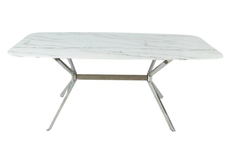 Home Outdoor Living Room Furniture Table Sets Tempered Glass Marble Effect Dining Table with Stainless Steel Tube Leg