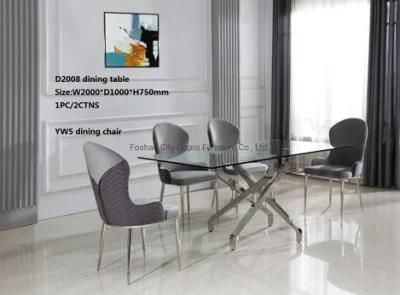 Dopro New Design Stainless Steel Polished Sivler Crossed Dining Table D2008 with Clear Tempered Glass