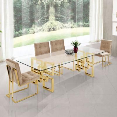 Modern Gold Stainless Steel Glass Dining Tables with 6chairs