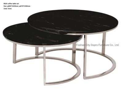 Dopro Modern Stainless Steel Polished Silver Stackable Coffee Table Fb26, with Black Art Marble