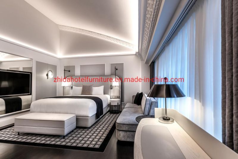 Modern Wood Upholstered with White Leather Hotel Bedroom Furniture