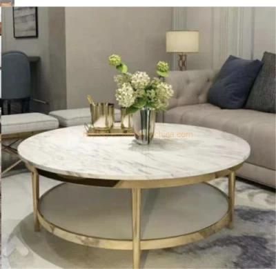 Living Room Sofa Table Two Display Center Table Luxury Home Steel Base Gold Round Glass Marble Coffee Tables