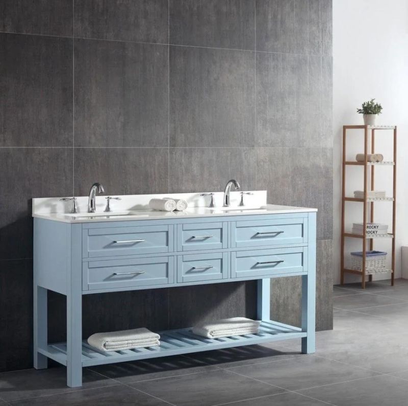 Light Blue Fashion Double Sink Bathroom Solid Wood Bathroom Cabinet