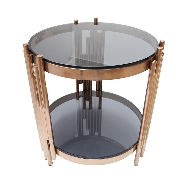 Luxury Design Stainless Steel Frame Double Tray Coffee Tables with Tempered Glass Top Side Table