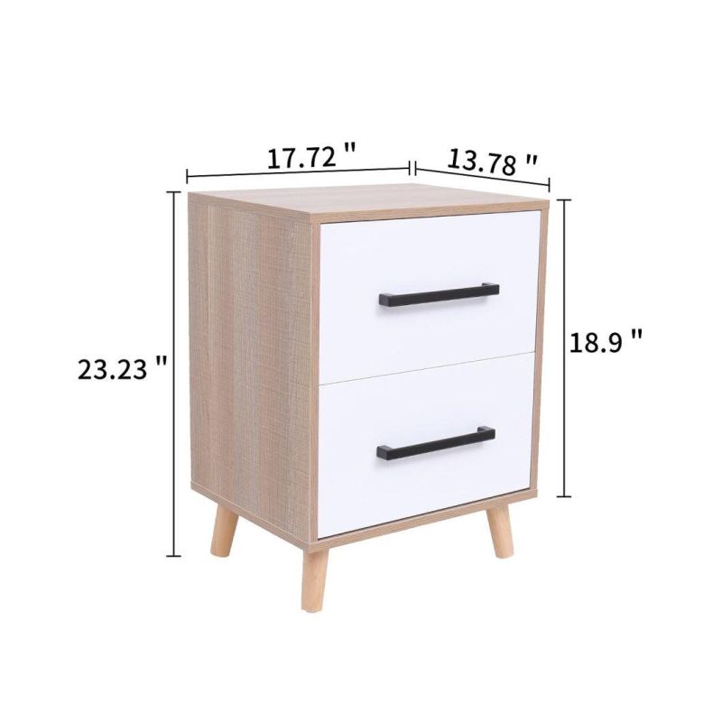 End Side Table with 2 Drawer, Bedside Table with Solid Wood Legs, Modern Storage Cabinet for Bedroom Living Room Furniture