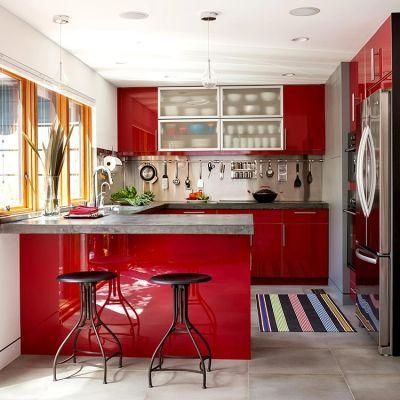 Modern Home Paint Wooden Cabinet Furniture Design Pink High Glossy Lacquer Rubber Wood Handleless Kitchen Cabinets
