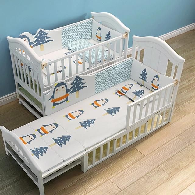 White Color and Solid Wood Style Baby Cot Bed Bedroom Furniture with Safety Fence