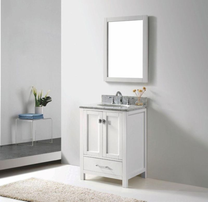 High Quality Single Gray Oak Solid Wood Bathroom Dresser Vanity Cabinet with Marble Countertop