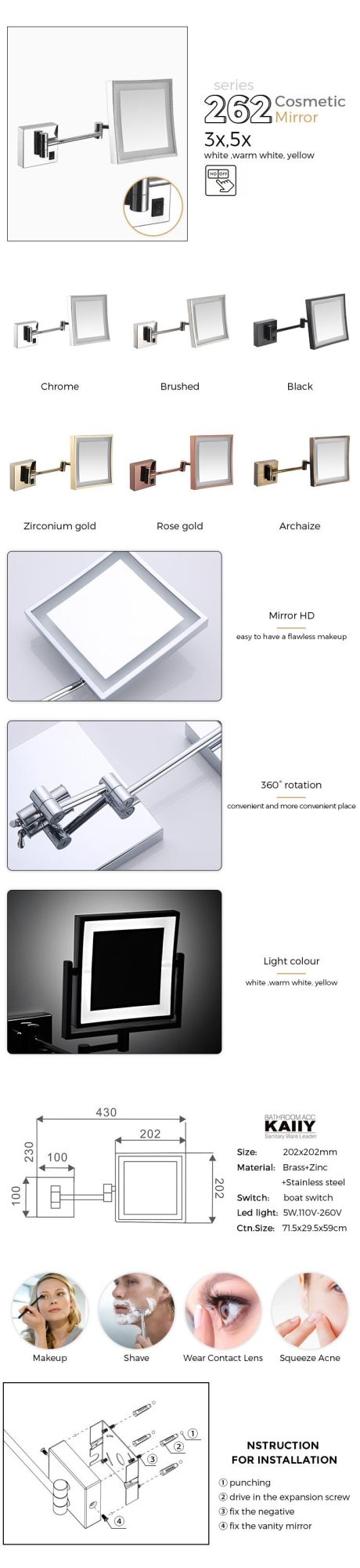 Kaiiy Modern Magnification Decorative Mirror Makeup LED Bathroom Mirrors