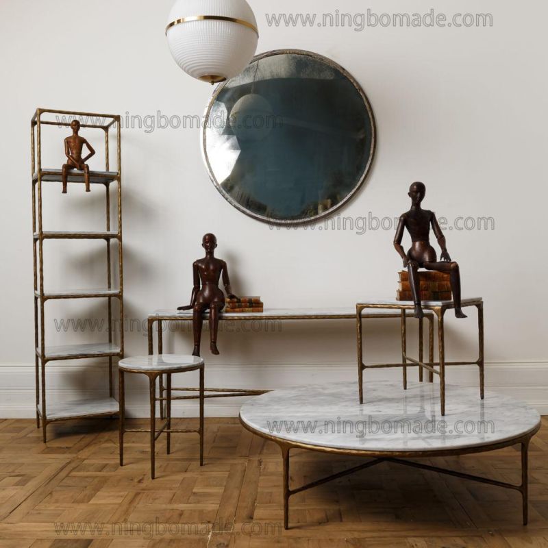 Rustic Hand Forged Collection Furniture Forged Solid Iron with Brass Color and Thick White Cloud Marble Sofa Table