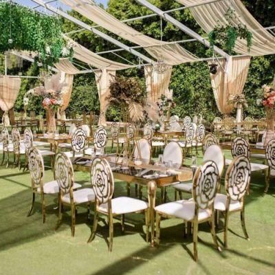 Wedding 10-Seat Dining Table and Chair Rental Banquet Chair Graceful Metal Stainless Steel Round Back Wedding Chair with White PU Cushion