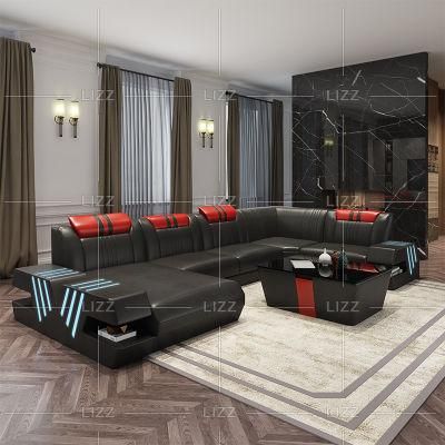 Functional Contemporary Luxury LED Light Nordic Living Room Sectional U Shape Lounge Genuine Leather Sofa