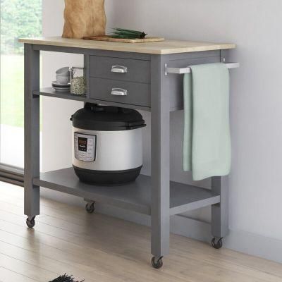 Home Basic 3-Tier Solid Wood Top Grey Rolling Kitchen Cart with 2 Little Drawer