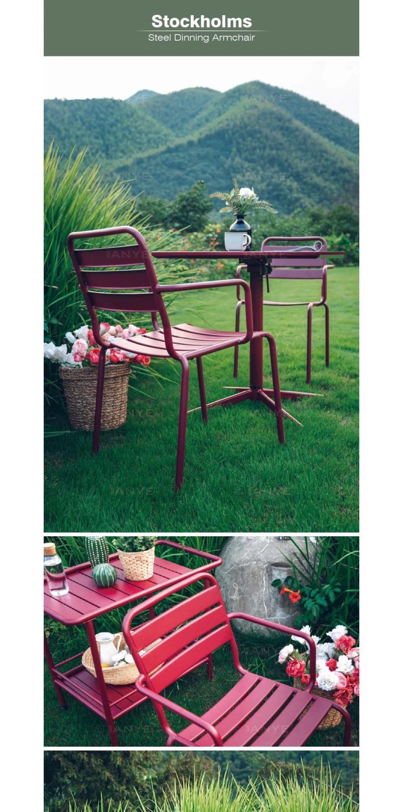 Modern Luxury Outdoor Furniture Premium Steel Slat Casual Seating Garden Dining Chair with Armrest