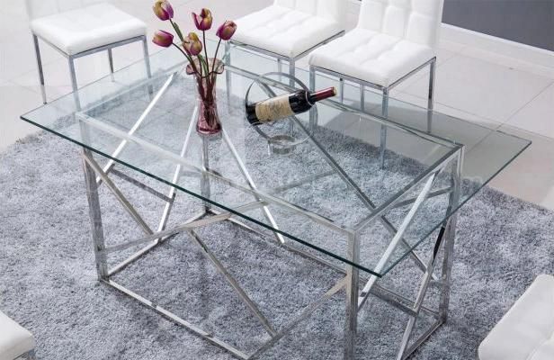 European Cheap Transparent Glass Dining Table Set with Metal Stand