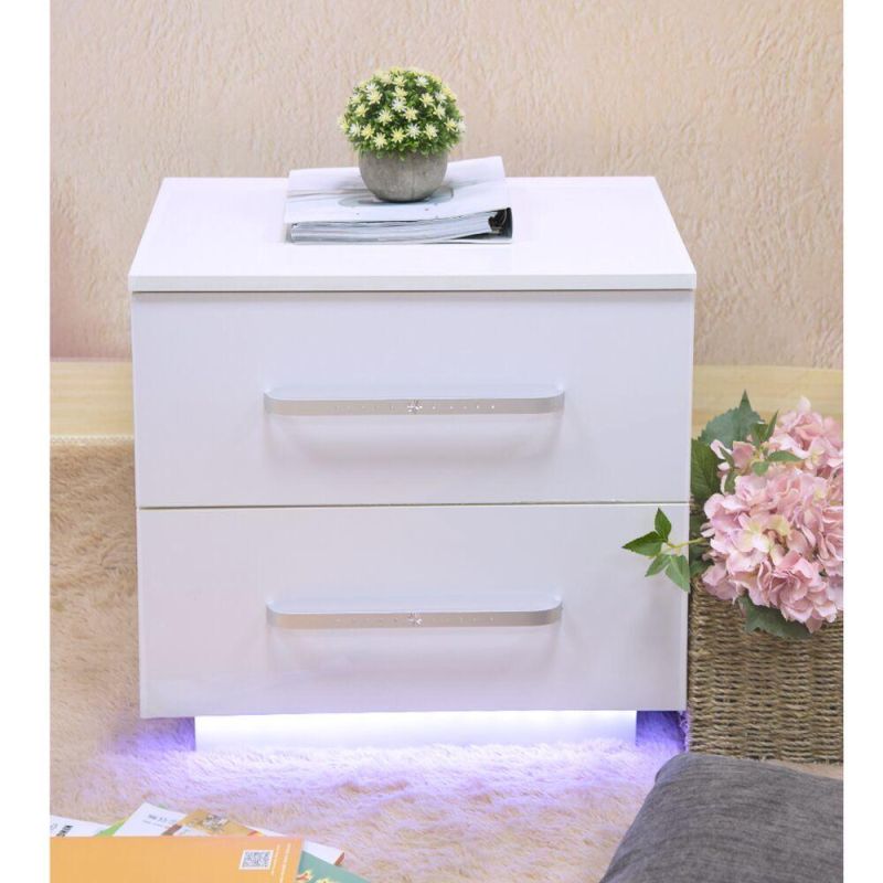 Hotel Modern Bedside Table Bedroom Wooden High Gloss LED Lights Night Stand Club Cabinet