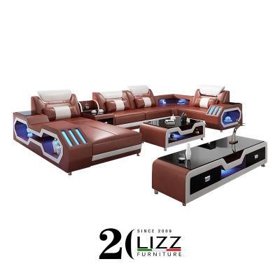 American Living Room Furniture Leather Sofa Set U-Shape LED Corner Sectional Sofa