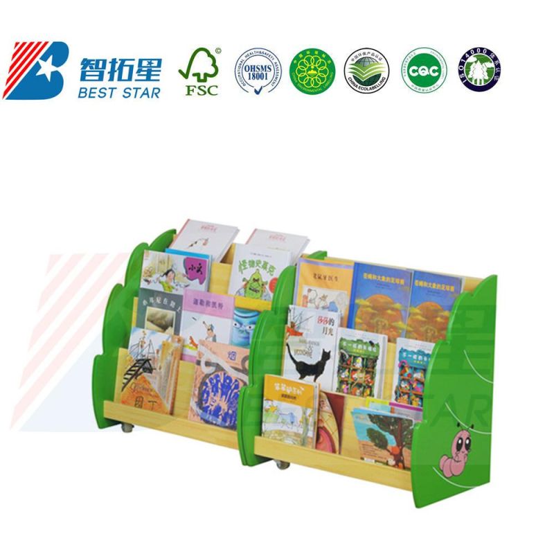 Movable Cartoon Kids Bookcase Bookshelf, Kindergarten and Preschool Furniture, School Library Book Rack, Children Wooden Display Baby Storage Bookshelf