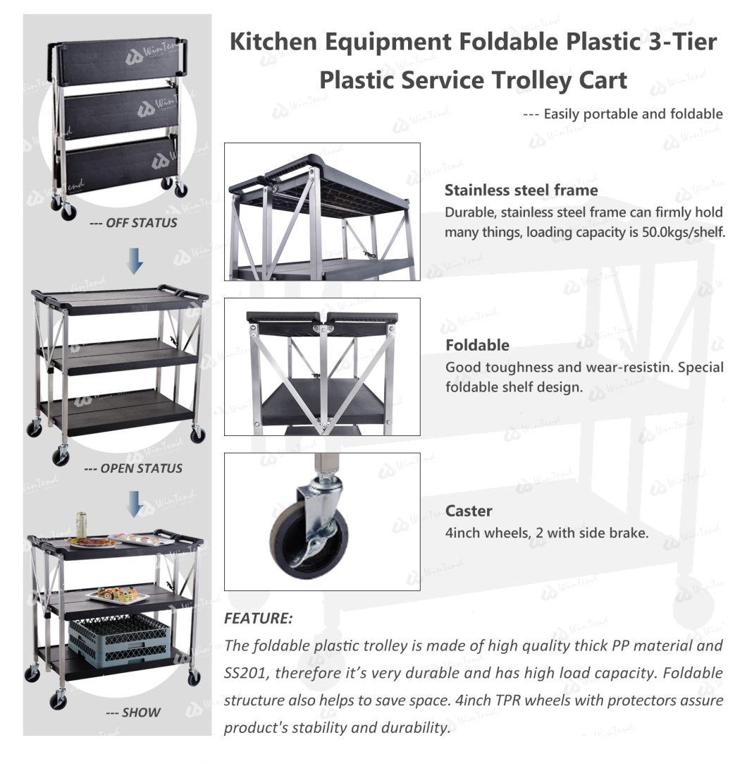 Stainless Steel 3-Tier Foldable Kitchen Service Trolley Cart with Plastic Board