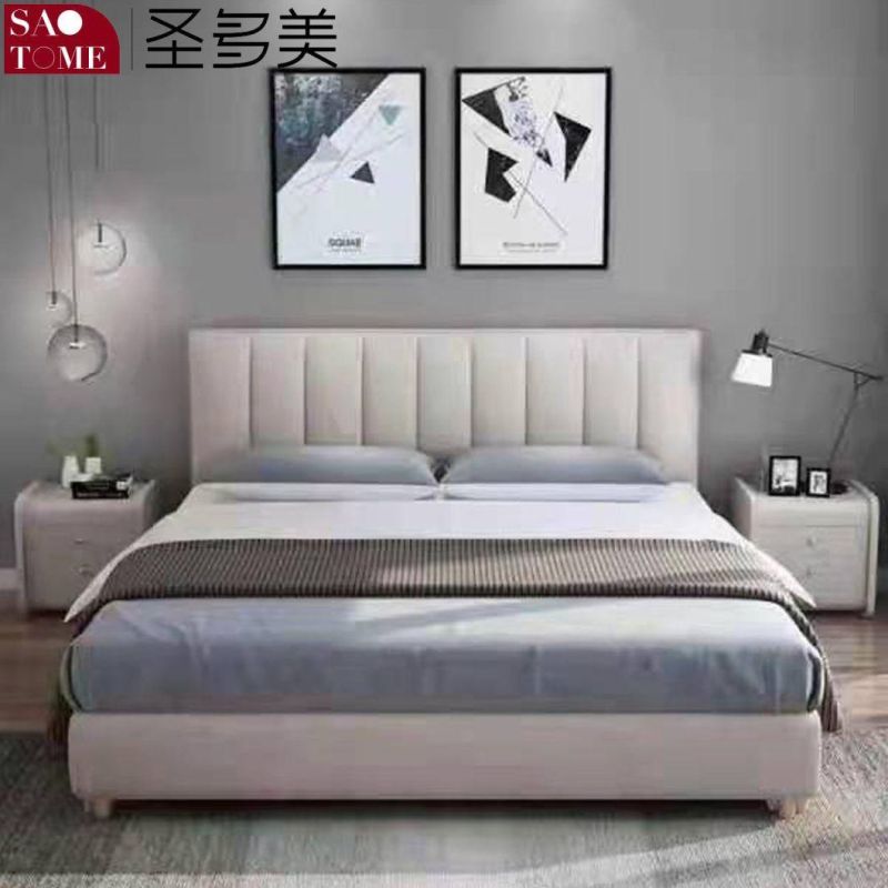 Modern Bedroom Furniture off-White with Dark Grey Leather and Solid Wood Frame Double Bed