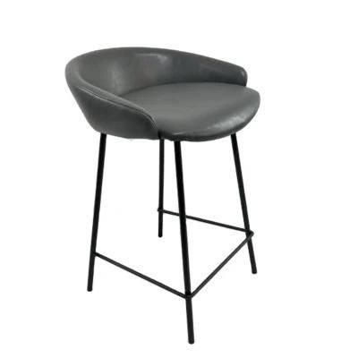 High Quality Kitchen Counter Hotel Restaurant Grey High Chair Elastic Faux Leather Seat Home Bar Stool with Footrest Black Legs