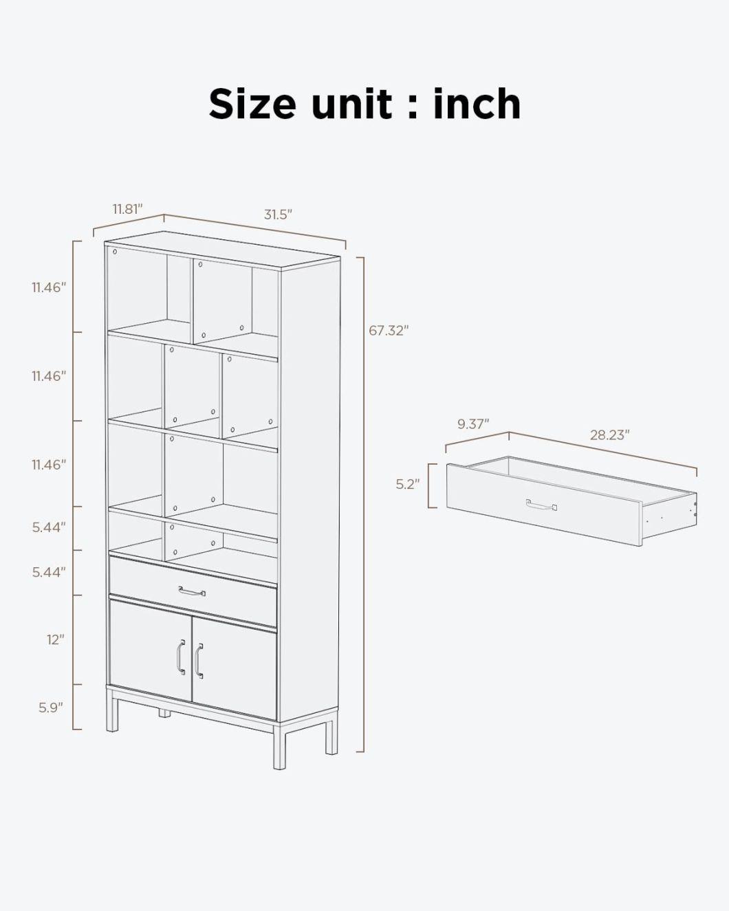 Bookcase with Doors, Tall Wood Open Bookshelf with 4 Tiers Shelf, 2 Doors Storage Cabinet and 1 Drawer Pantry for Home