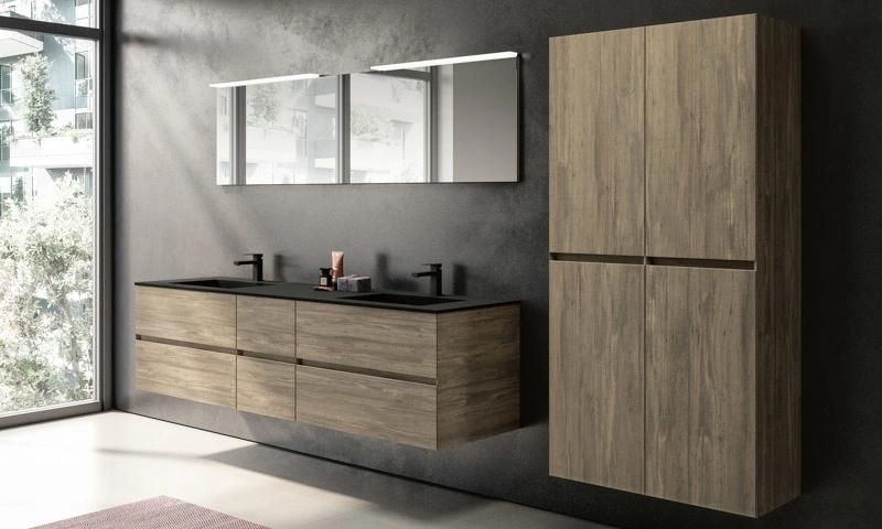 MDF Floor Mounted Type Bathroom Cabinet with Artificial Stone Top Ceramic Basin and LED Mirror