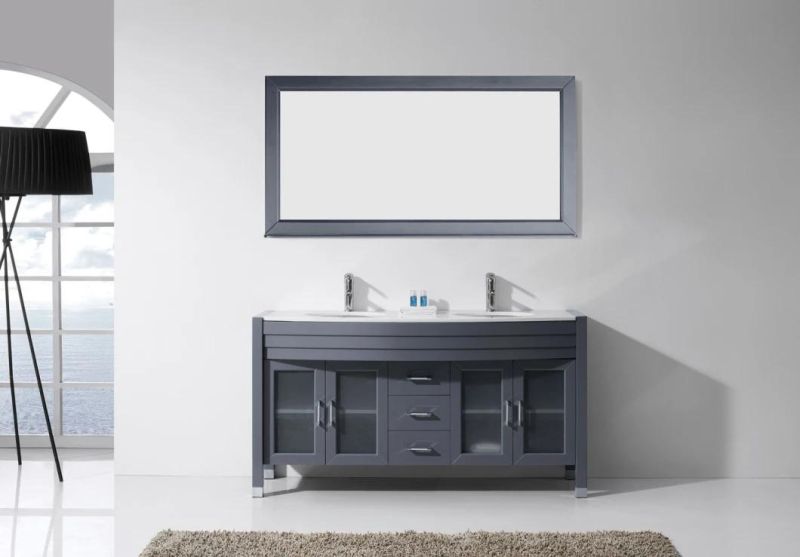 New Grey Double Sink Floor Type Solid Wood Bathroom Cabinet