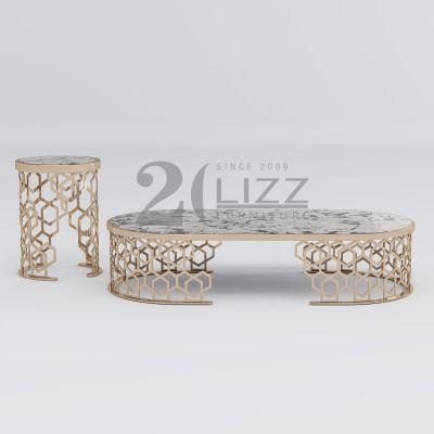 Luxury Royal Stone Coffee Table Set Modern Design Stainless Marble Top Console Table for Living Room