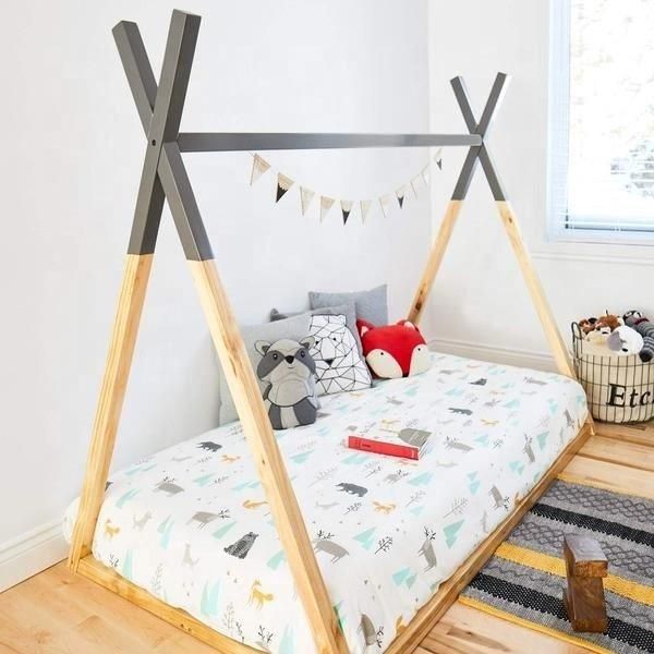 2020 Popular Modern Children Bedroom Furniture Natural Toddler House Bed Montessori Floor Bed Wooden Teepee Bed