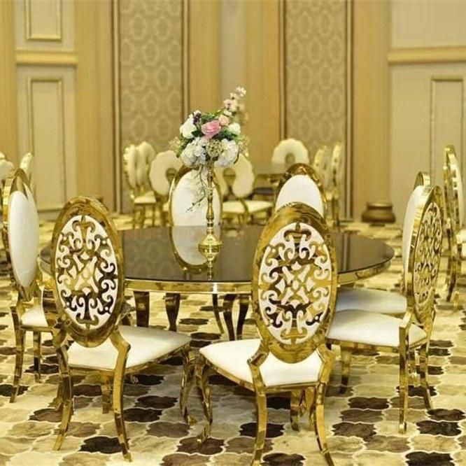 Classic Hotel Banquet Silla Stainless Steel Luxury Golden Stacking Round Back Metal Restaurant Wedding Banquet Chiavari Dining Room Table Furniture Chair