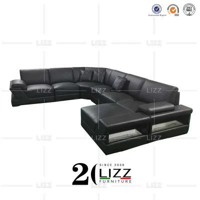 Home Modern Furniture Sectional U Shape Geniue Leather Sofa with LED Light