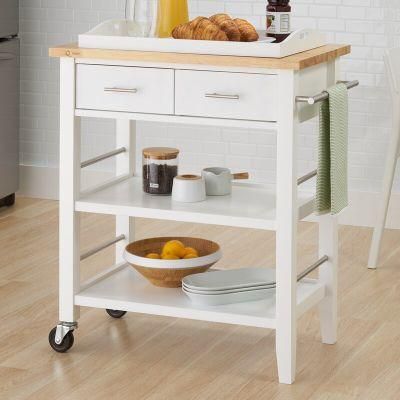 Home Basic 3-Tier Solid Wood Top White Painting Rolling Kitchen Cart with 2 Drawer