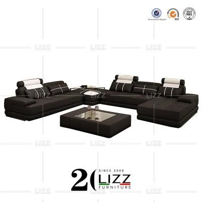 Professional Manufacture Modern Wooden Home Furniture Luxury Italian PU Black Leather Sofa