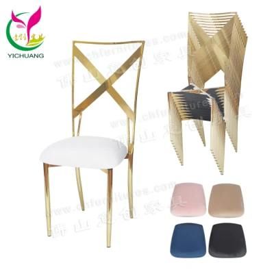 Luxury Modern Titanium Chrome Stainless Steel Stackable Cross Back Chair for Wedding and Event
