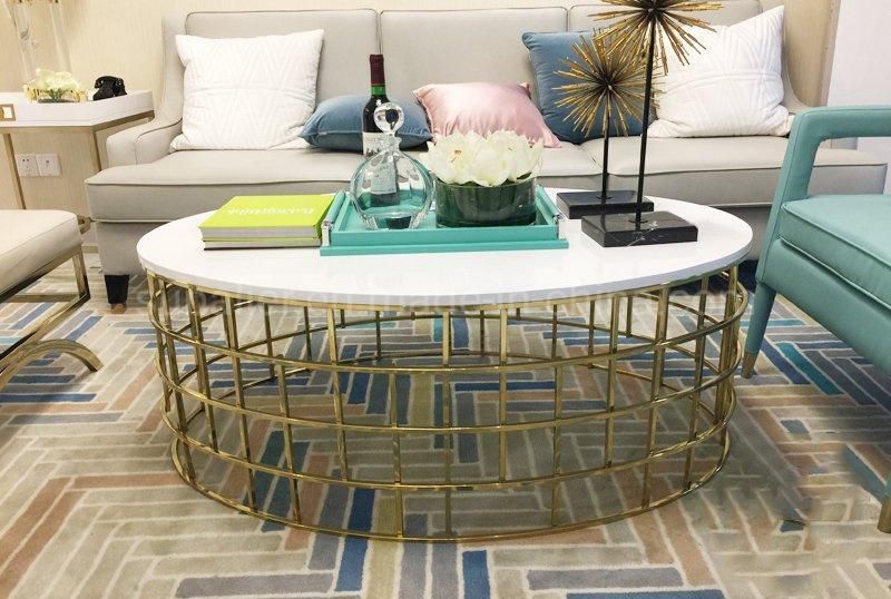 Stylish Gold Frame and White Marble Oval Coffee Table