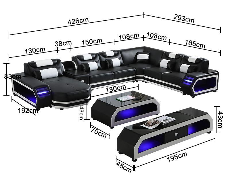 America Hot Selling Modern Home Furniture Leather Living Room L Shape Sofa with LED Lights