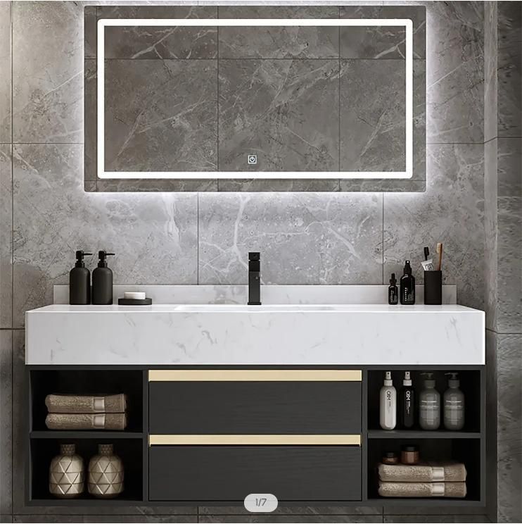 Modern 39" Floating Black Bathroom Vanity Stone Top Wall Mounted Bathroom Cabinet