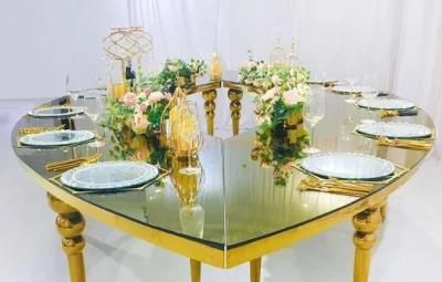 Modern Home Restaurant Furniture Set Special Love Shape Metal Wedding Table Glass Wood Top Dining Room Table