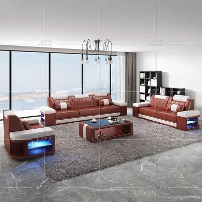 Office Modern Home Furniture Combination Seat Genuine Leather Sofa with LED