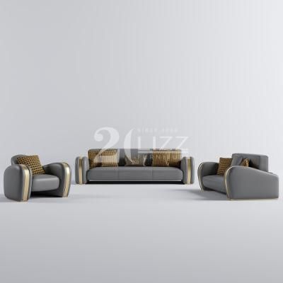 High End Quality European Style Commercial Office Home Furniture Gold Stainless Steel Armrest Genuine Leather Sofa