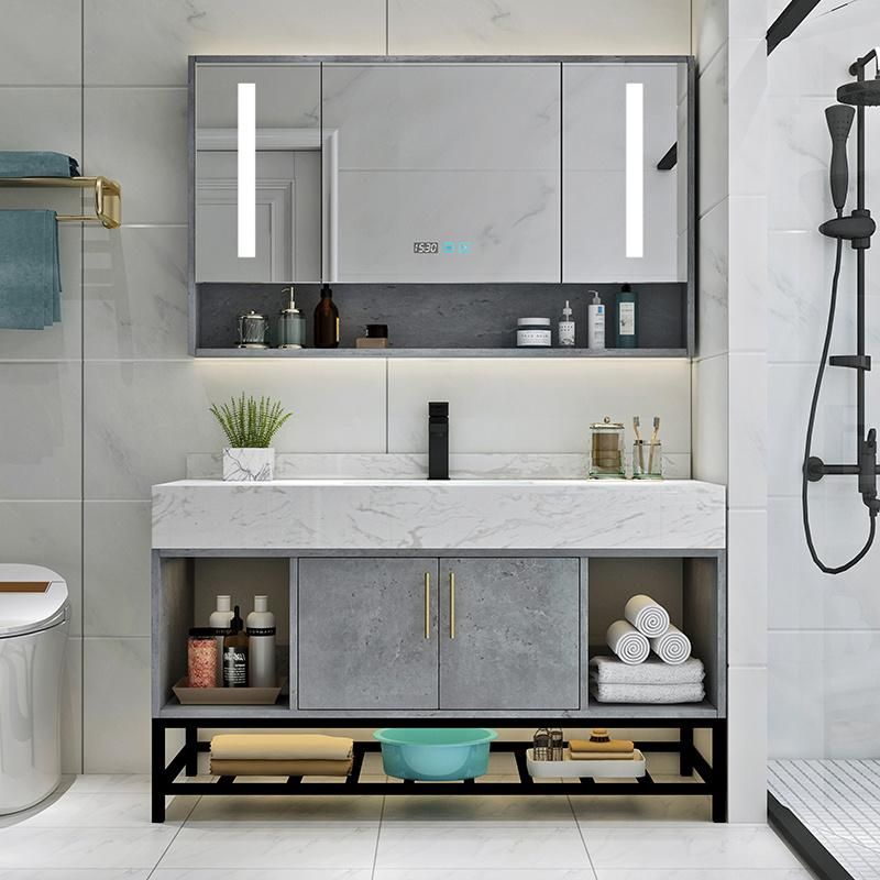 Modern Gray Bathroom Cabinet, LED Mirror Floor Mounted Bathroom Vanities