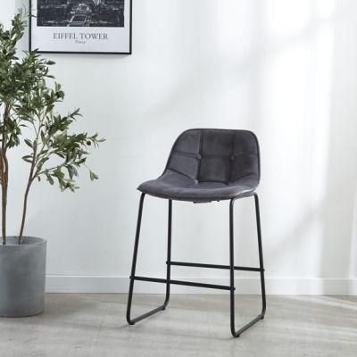 Nordic Style Modern Gray Fabric Bar Stool Kitchen Pub Coffee Shop Large Seat Low Back Bar Chair with Black Powder Coated Legs