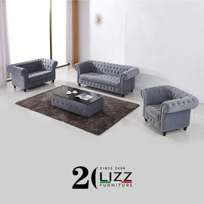 European Style UK Leisure Living Room Chesterfield Velvet Fabric Sofa Set