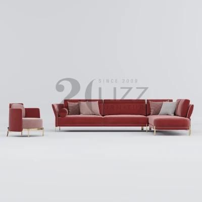 European Popular Design Modular Hotel Office Furniture Leisure Velvet Fabric Red Sofa with Metal Legs