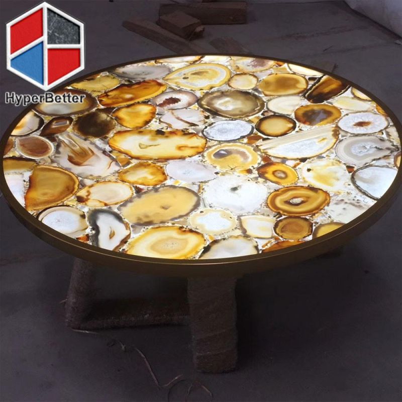 Black Agate Coffee Tables Round with LED Light Inside