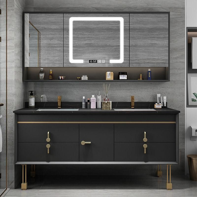 Factory Customization Furniture LED Mirror Bathroom Vanity Cabinet with Lights and Medicine Marble Countertop